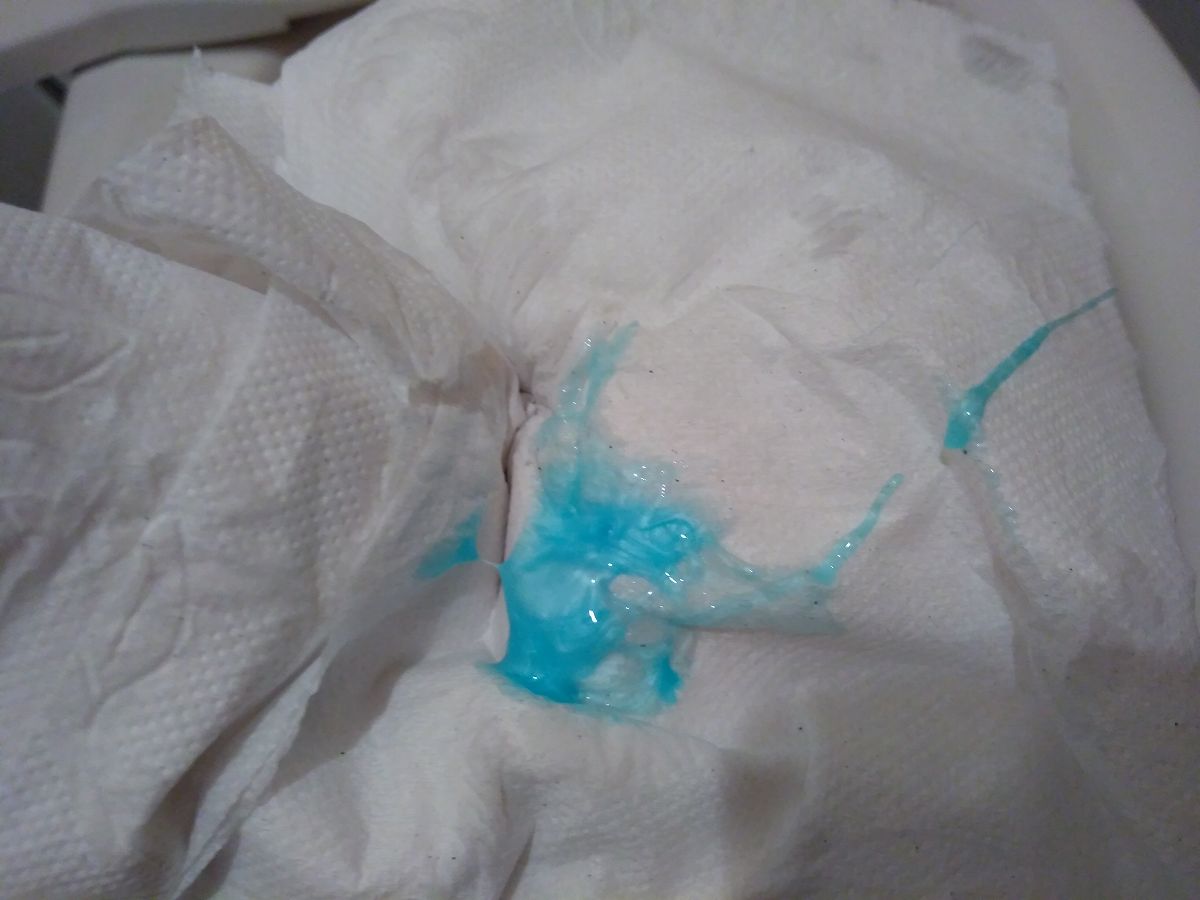 青い液体がついた紙