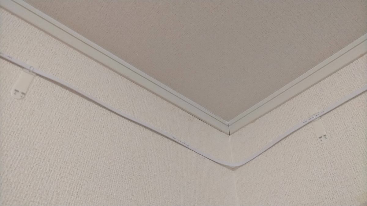 壁をつたう白のケーブル
