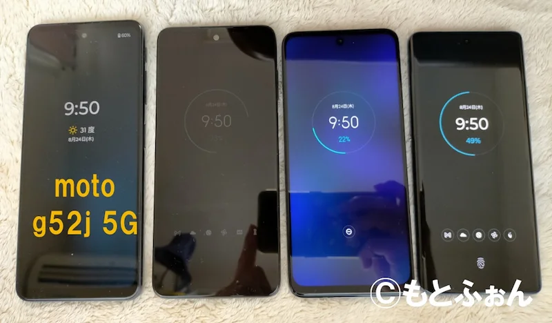モトローラスマホを並べた画像(左からmoto g52j 5G,edge 20 FUSION,moto g32,edge 40)