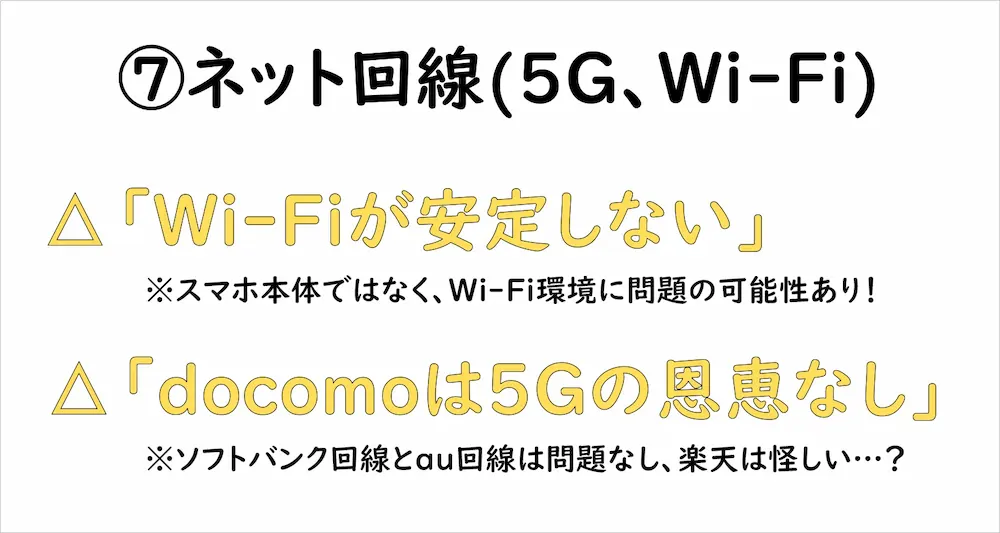 ⑦ネット回線(5G、Wi-Fi) 「Wi-Fiが安定しない」「docomoは5Gの恩恵なし」