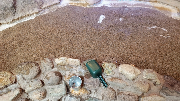 砂と岩とシャベルが写った写真（那須の宝石探しトレジャーストーンパーク）
