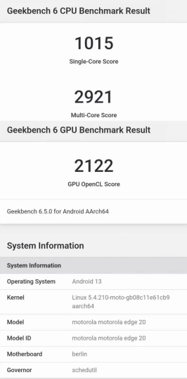 motorola edge 20 geekbench6 score(Single=1015/Multi=2921/GPU=2122)