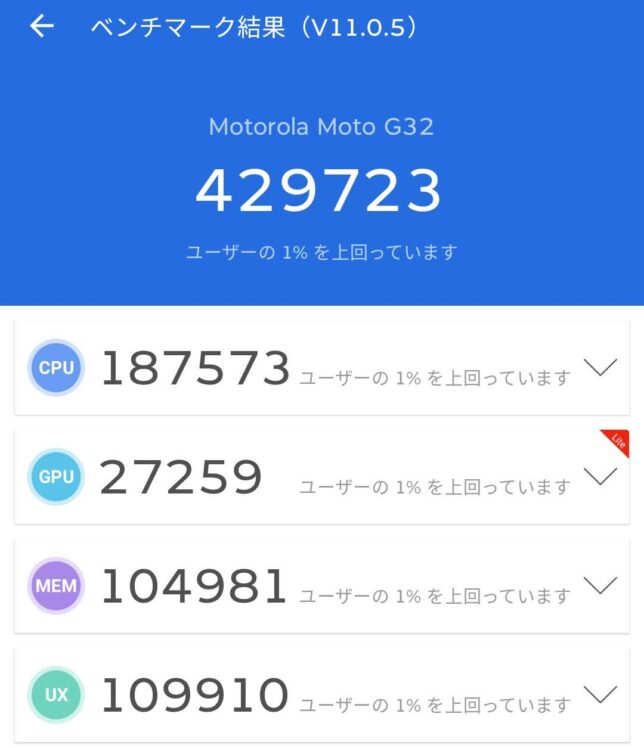 moto g32 AnTuTuベンチマーク（429723）