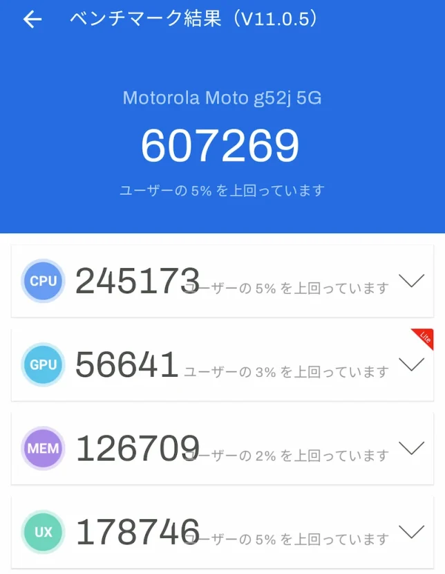 moto g52j 5GのAnTuTuベンチマークスコア（607269）