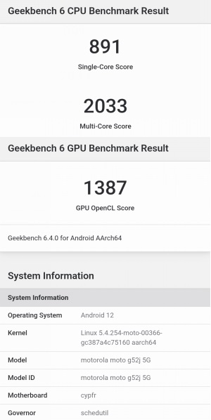 moto g52j 5GのGeekbenchスコア(シングル891/マルチ2033/GPU1387)