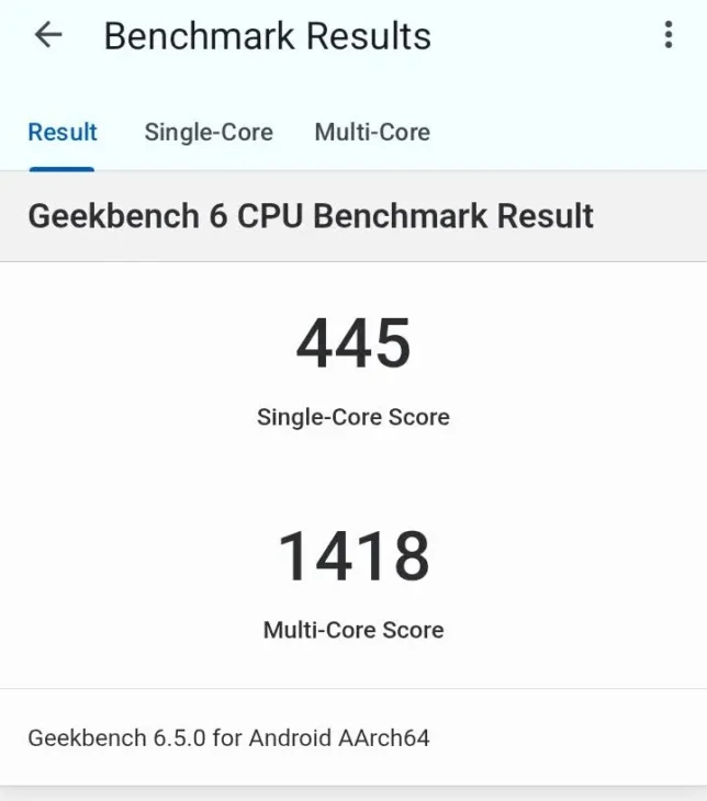 moto g13のGeekbench6スコア（シングル445／マルチ1418）